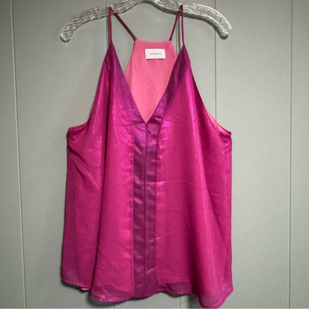 ADRIENNE Fuchsia Two Tone V neckline Racerback Shimmery Loose Fit Blouse Size L